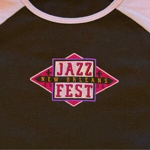 Vintage New Orleans JazzFest Brown/Pink Cap Sleeve T-Shirt Pink Glitter Graphic